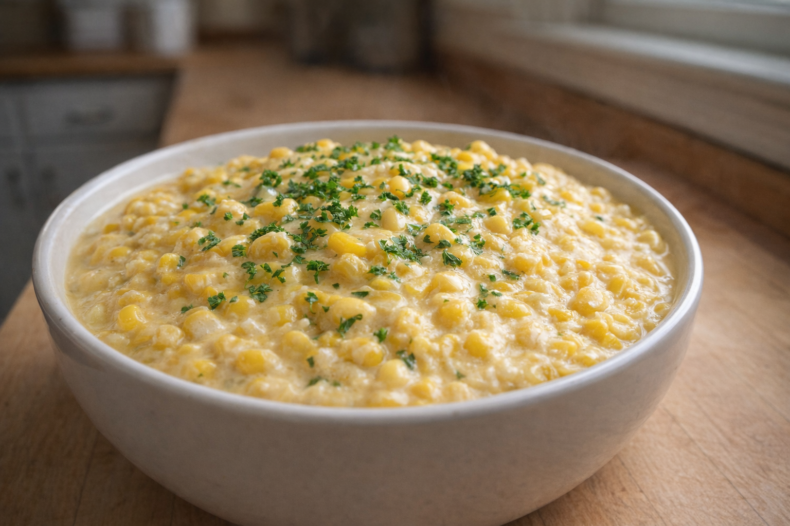 A close-up shot of a bowl of creamy, golden yellow creamed corn with visible corn kernels, garnished with fresh parsley, soft natural light